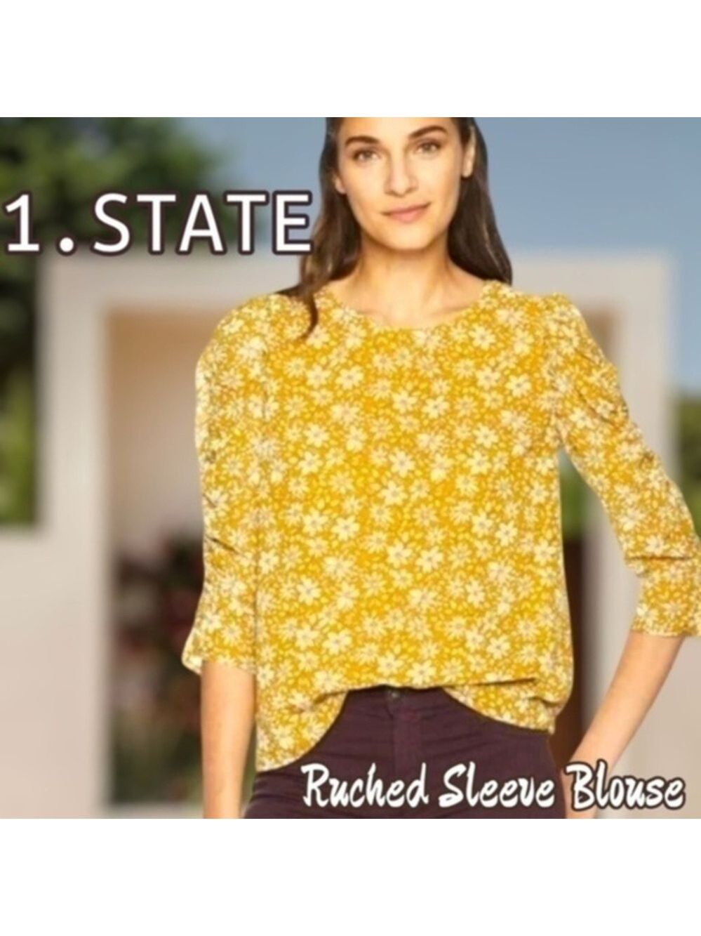 1.STATE Wild Bloom 3/4 Length Ruched Sleeve Crewneck Blouse NWT/LG